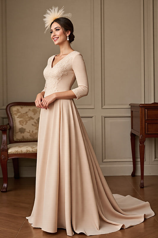 Apricot Satin A Line V-Neck Long Mother of the Bride Dress with Lace