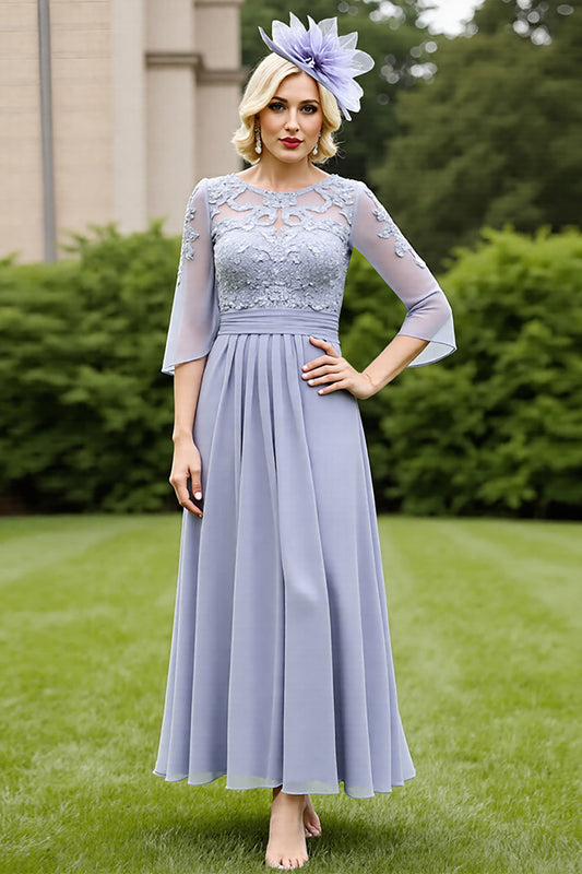 Grey Blue Chiffon A Line Long Mother of the Bride Dress with Lace