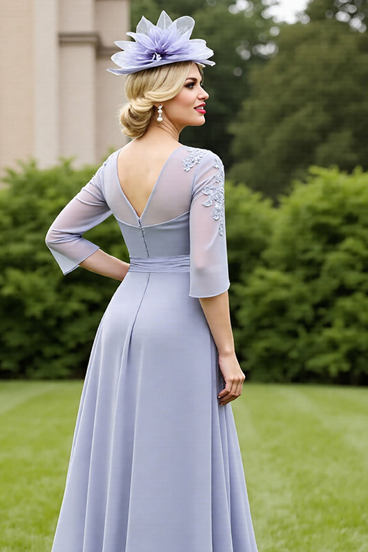 Grey Blue Chiffon A Line Long Mother of the Bride Dress with Lace