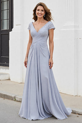Silver Chiffon A Line Long V-Neck Mother of the Bride Dress with Appliques