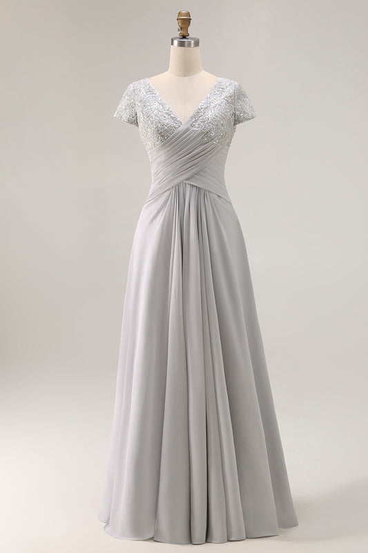 Silver V-Neck Chiffon Appliqued Long Mother of the Bride Dress with Sleeves