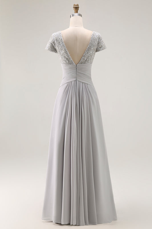 Silver V-Neck Chiffon Appliqued Long Mother of the Bride Dress with Sleeves