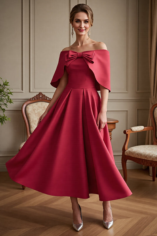 Red Satin Long A Line Mother of the Bride Dress with Bow