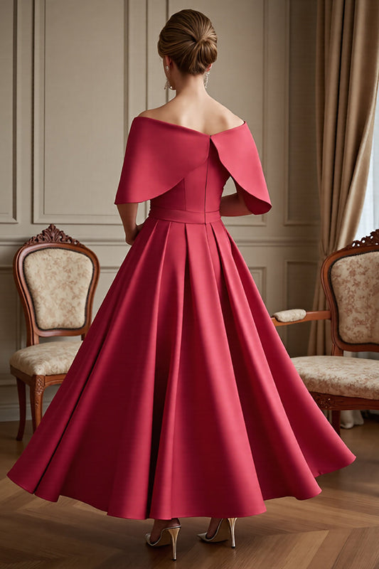 Red Satin Long A Line Mother of the Bride Dress with Bow