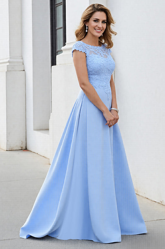 Sky Blue Satin Long Scoop Neck Mother of the Bride Dress with Lace
