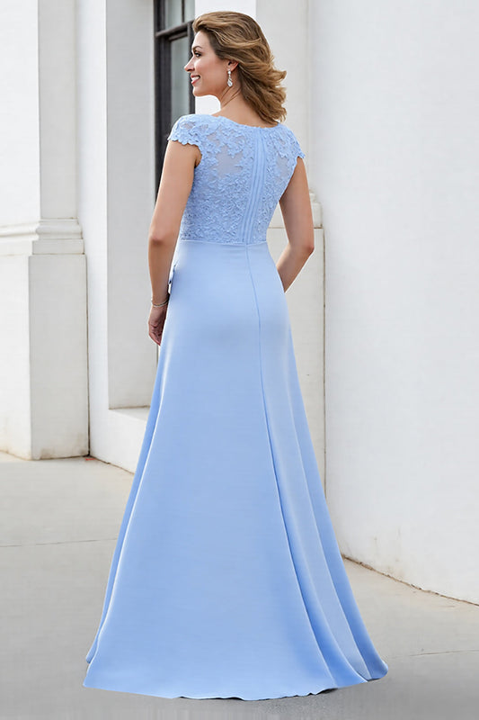 Sky Blue Satin Long Scoop Neck Mother of the Bride Dress with Lace