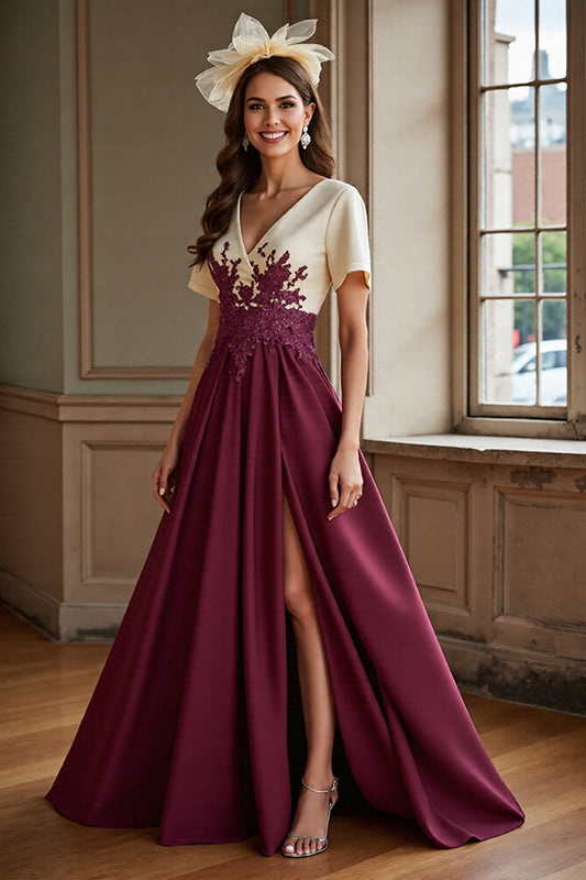 Burgundy A Line Satin V-Neck Long Mother of the Bride Dress with Slit
