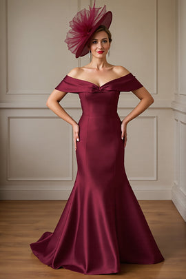 Burgundy Satin Mermaid Off the Shoulder Long Mother of the Bride Dress