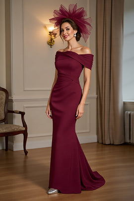 Burgundy Satin Off the Shoulder Mermaid Long Mother of the Bride Dress