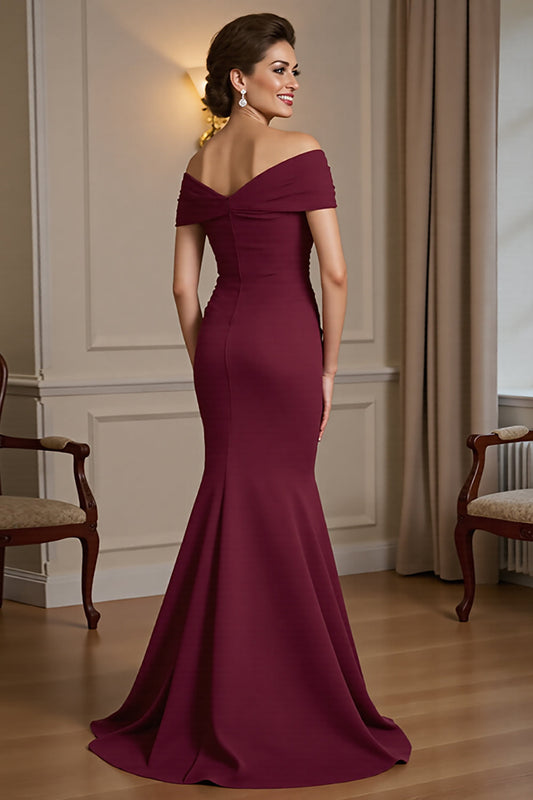 Burgundy Satin Off the Shoulder Mermaid Long Mother of the Bride Dress