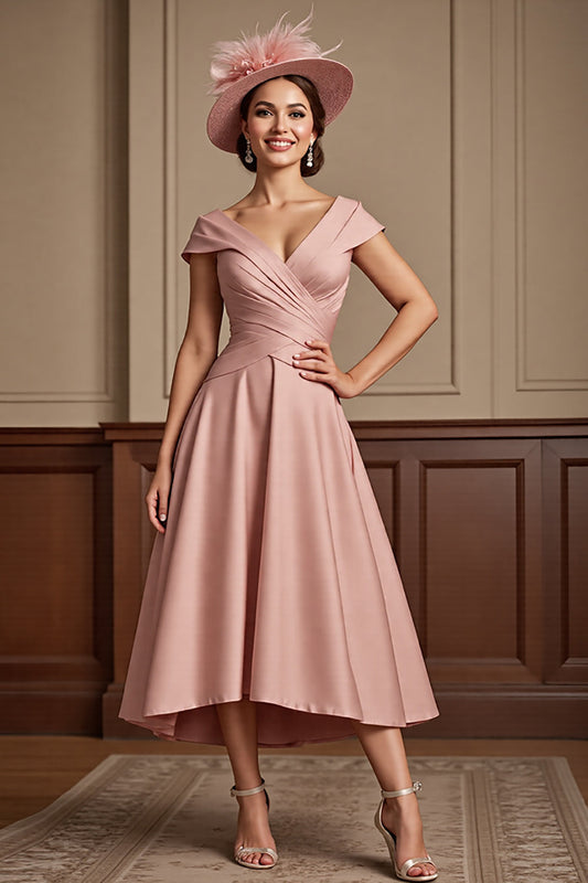 Dusty Rose Satin A Line V-Neck Midi Mother of the Bride Dress with Cap Sleeves