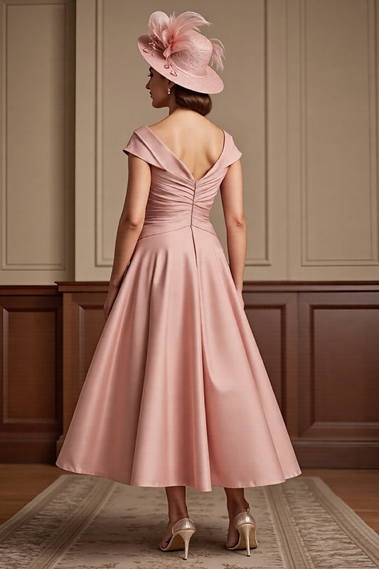 Dusty Rose Satin A Line V-Neck Midi Mother of the Bride Dress with Cap Sleeves