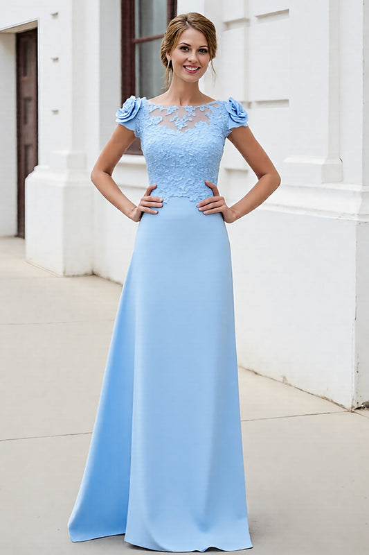 Sky Blue Floral Satin Boat Neck Long Mother of the Bride Dress with Lace
