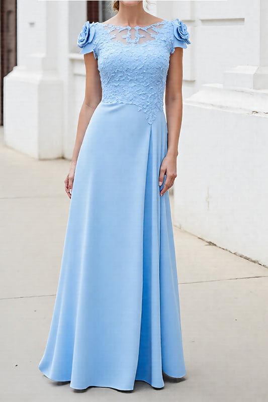 Sky Blue Floral Satin Boat Neck Long Mother of the Bride Dress with Lace