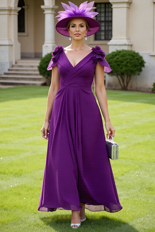 Grape Chiffon V-Neck Long Floral Mother of the Bride Dress