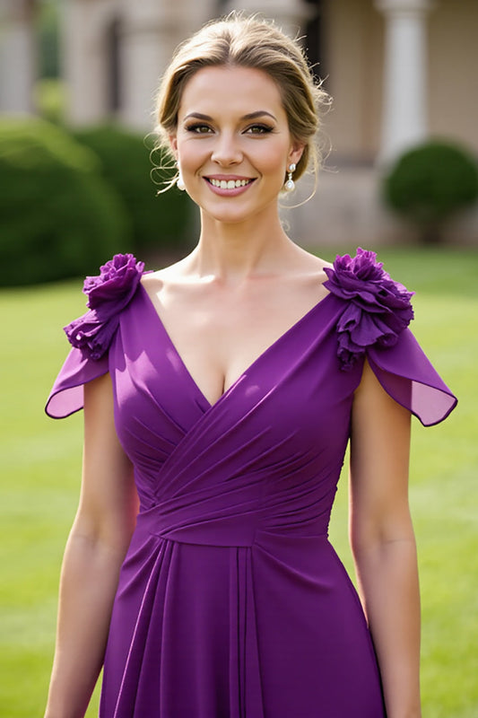 Grape Chiffon V-Neck Long Floral Mother of the Bride Dress