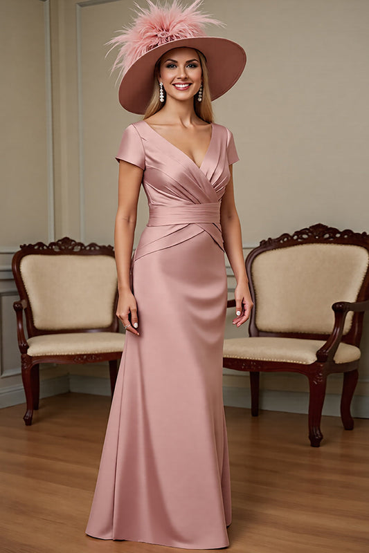 Dusty Rose Satin Sheath Long Mother of the Bride Dress with Short Sleeves