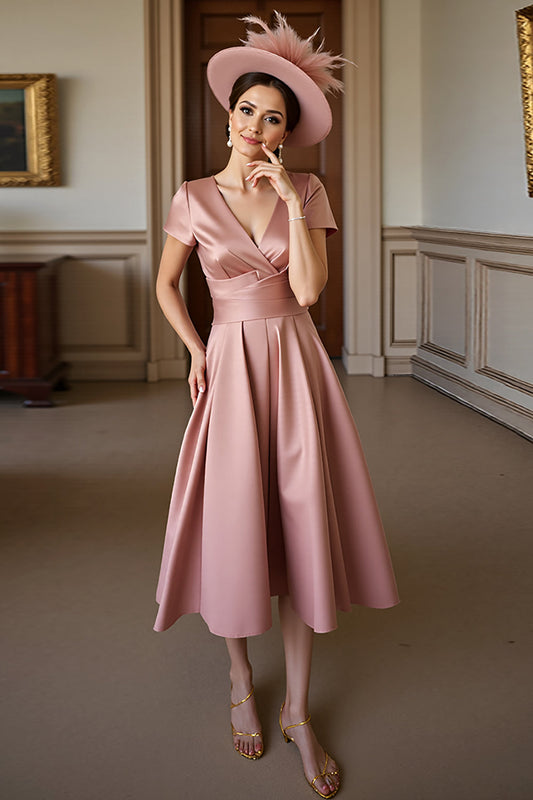 Dusty Rose Satin A Line V-Neck Midi Mother of the Bride Dress