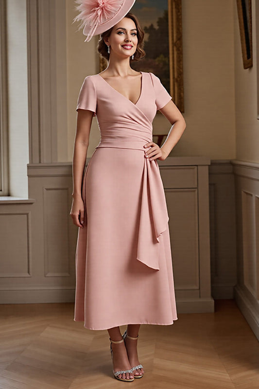 Dusty Rose V-Neck Satin Long Mother of the Bride Dress with Sleeves