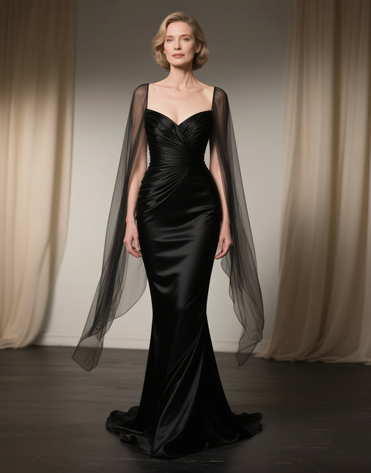 Black Satin Long Mermaid Mother of the Bride Dress with Cape