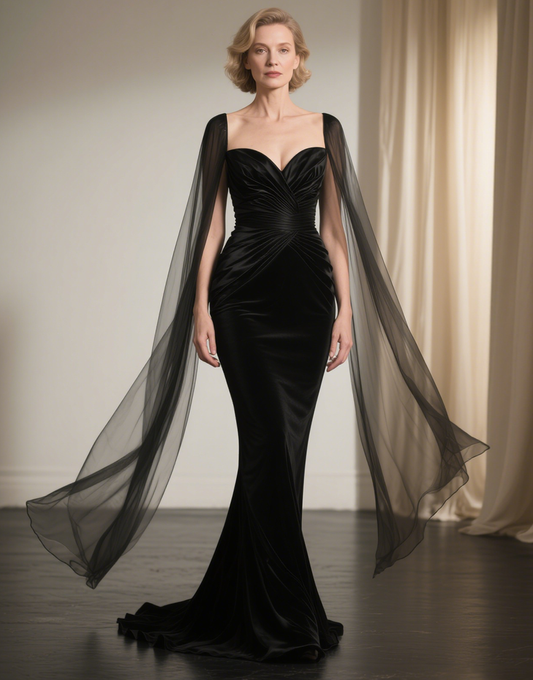 Black Satin Long Mermaid Mother of the Bride Dress with Cape
