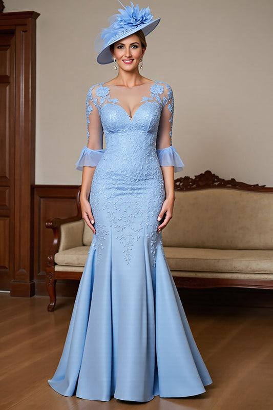 Sky Blue Satin V-Neck Long Mermaid Mother of the Bride Dress with Lace