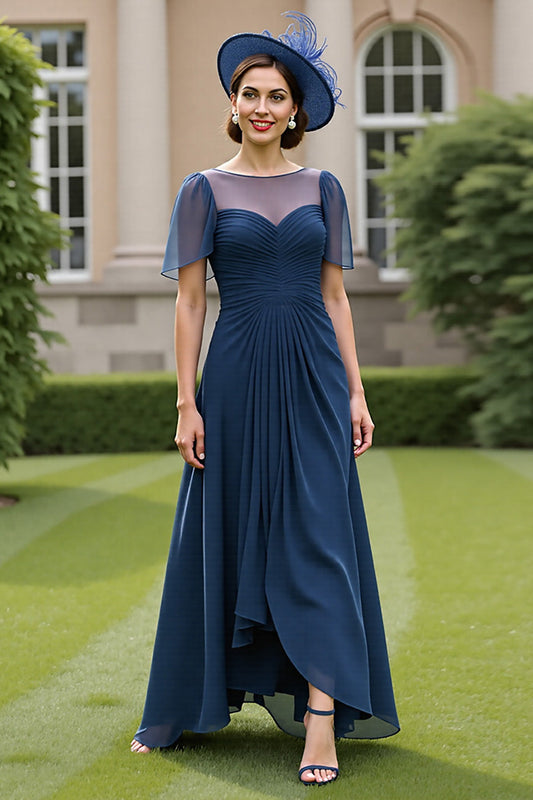 Navy Chiffon A Line Illusion Neck Long Mother of the Bride Dress
