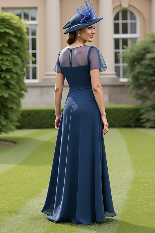 Navy Chiffon A Line Illusion Neck Long Mother of the Bride Dress