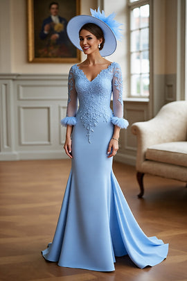 Sky Blue Satin Long Sleeves V-Neck Mother of the Bride Dress with Lace