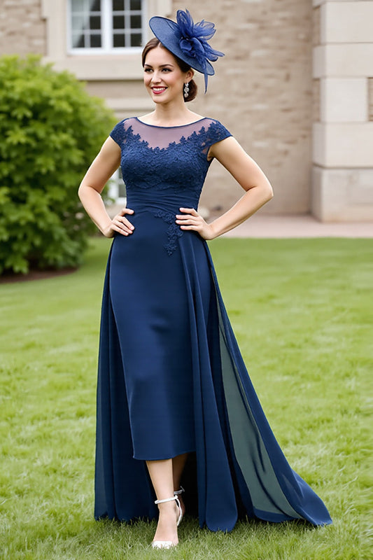 Navy A Line Chiffon Boat Neck Long Mother of the Bride Dress with Lace