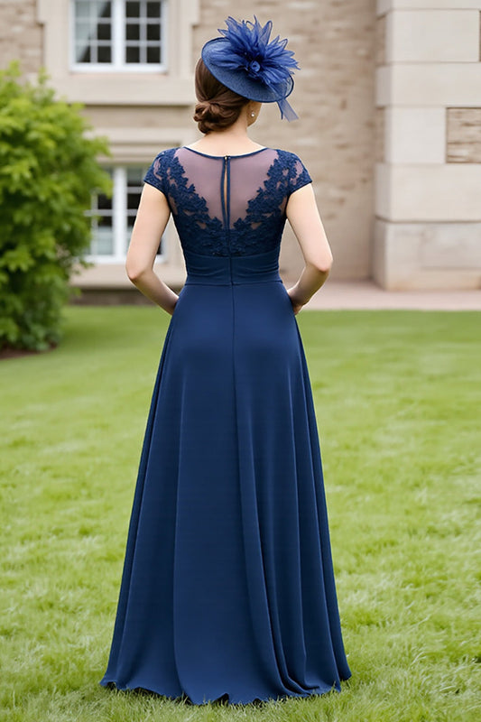 Navy A Line Chiffon Boat Neck Long Mother of the Bride Dress with Lace