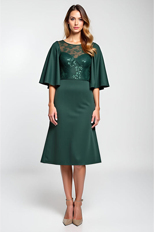 Sparkly Pine Satin A Line Midi Mother of the Bride Dress with Sleeves