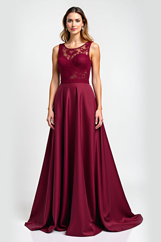 Burgundy Satin A Line Boat Neck Long Formal Dress with Appliques