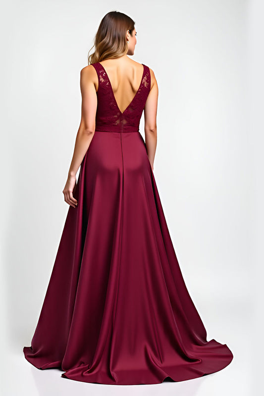 Burgundy Satin A Line Boat Neck Long Formal Dress with Appliques