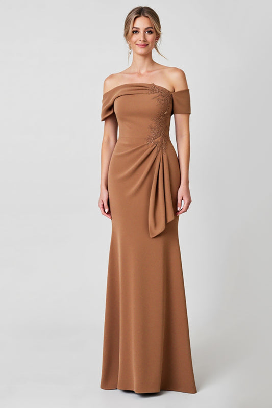 Brown Off the Shoulder Ruched Long Mother of the Bride Dress