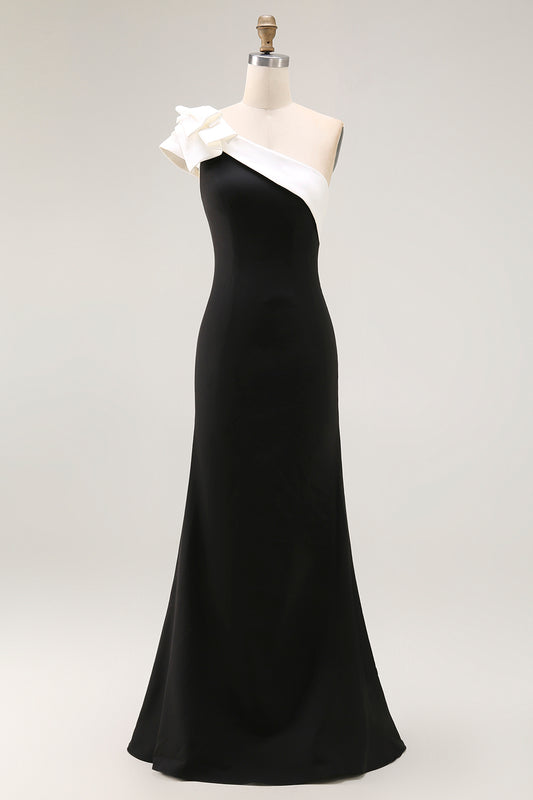Black One Shoulder Satin Mermaid Long Black Tie Dress