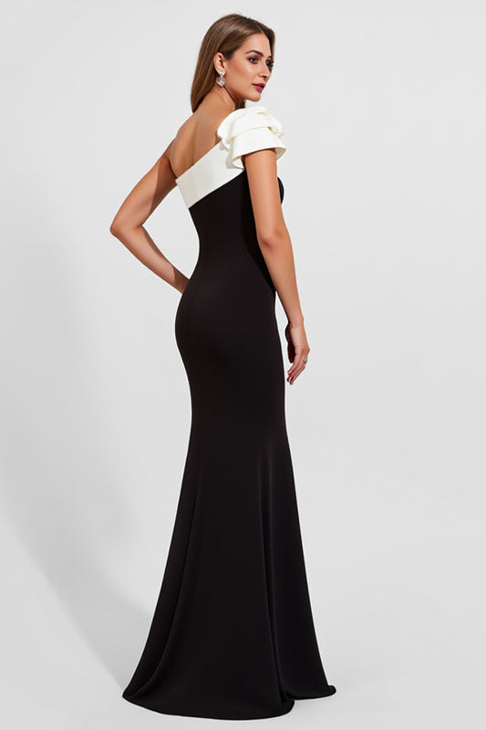 Black Satin One Shoulder Long Black Tie Dress
