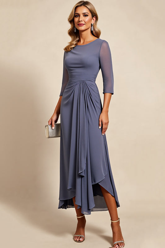 Twilight Scoop Neck Ruched Long Mother of the Bride Dress with Sleeves