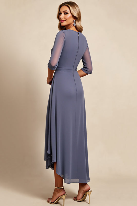 Twilight Scoop Neck Ruched Long Mother of the Bride Dress with Sleeves
