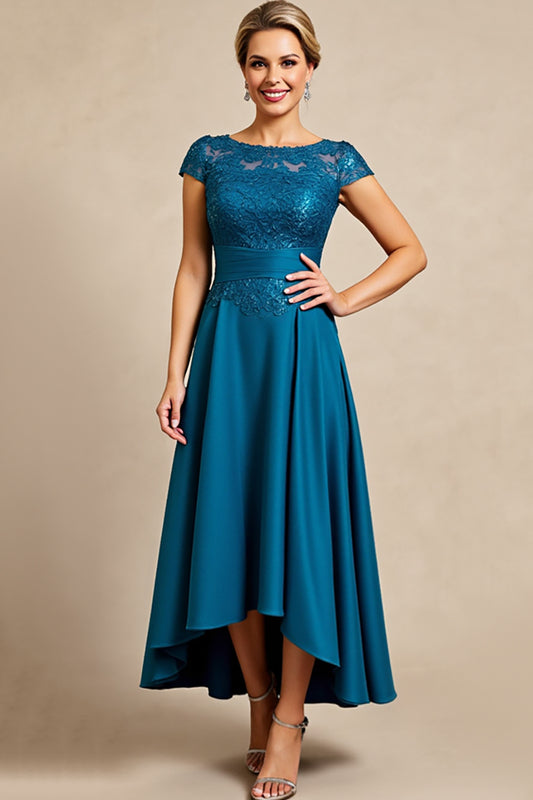 Peacock Blue A Line Appliques Long Mother of the Bride Dress with Cap Sleeves