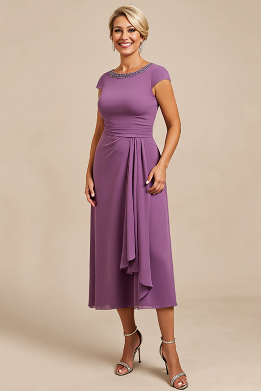 Purple Chiffon Sheath Midi Mother of the Bride Dress with Sleeves
