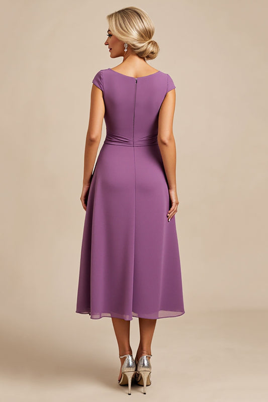Purple Chiffon Sheath Midi Mother of the Bride Dress with Sleeves