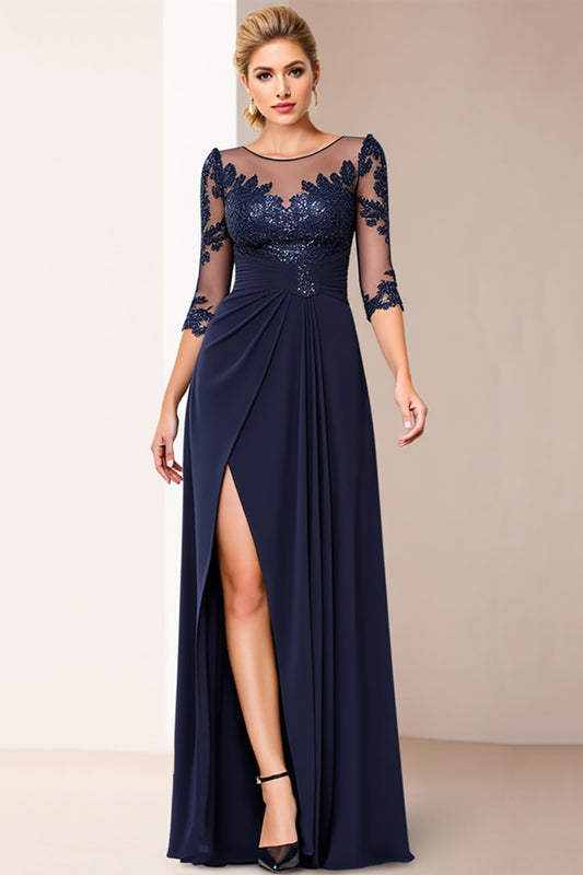 Navy Appliques Long Sleeves Mother of the Bride Dress with Slit