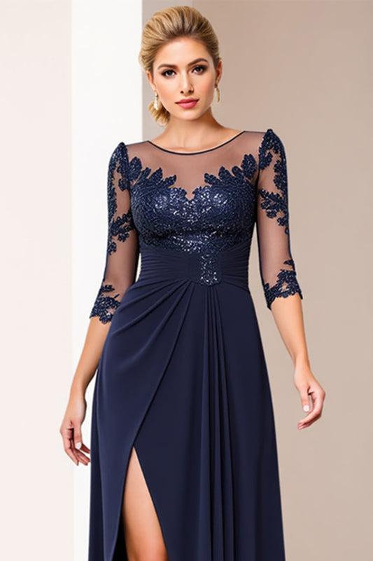 Navy Appliques Long Sleeves Mother of the Bride Dress with Slit