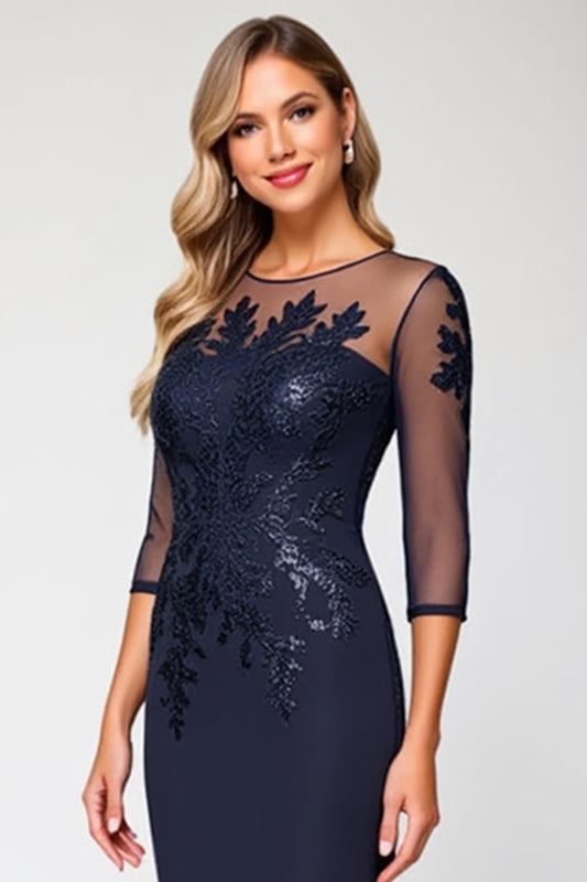Navy Bodycon Midi Long Sleeves Mother of the Bride Dress with Appliques