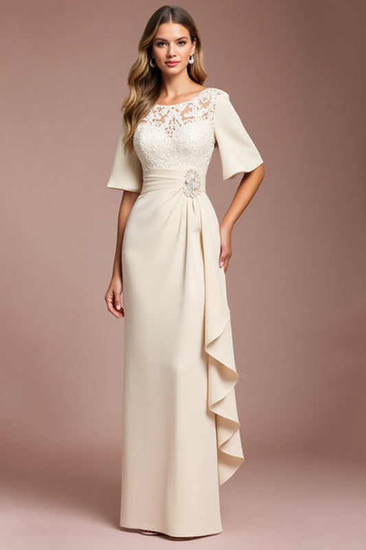 Apricot Ruffled Sheath Long Mother of the Bride Dress with Sleeves