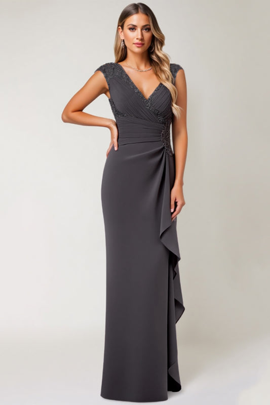 Steel Grey V-Neck Ruffled Long Mother of the Bride Dress