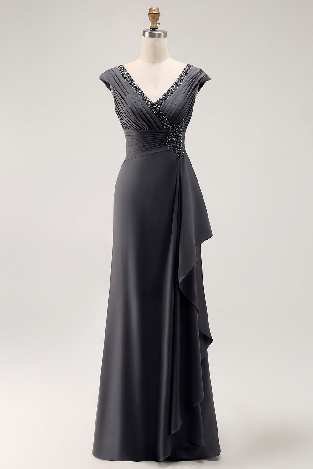 Zapakasa Women Steel Grey V-Neck Long Mother of the Bride Dress with Ruffles Cap Sleeves Sheath Wedding Guest Dress Zapakasa Women Steel Grey V-Neck Long Mother of the Bride Dress with Ruffles Cap Sleeves Sheath Wedding Guest Dress