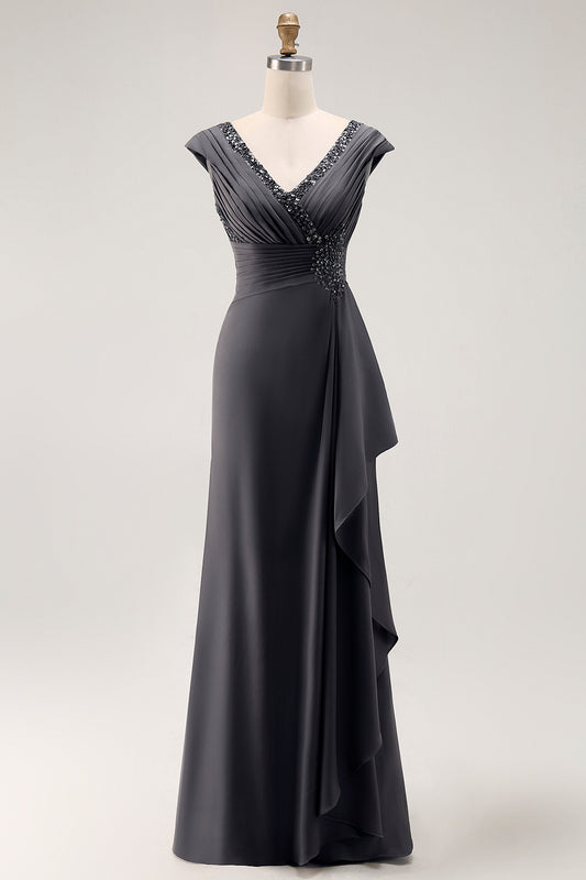 Steel Grey Sheath V-Neck Long Mother of the Bride Dress with Ruffles