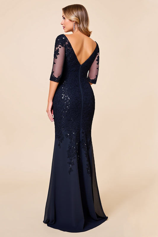 Sparkly Navy Mermaid Long Mother of the Bride Dress with 3/4 Sleeves